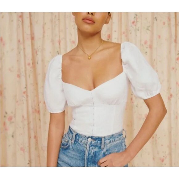 Reformation Tops - Reformation Rome White 100% Linen Puff Sleeve Smocked Cropped Peasant Top Sz 10